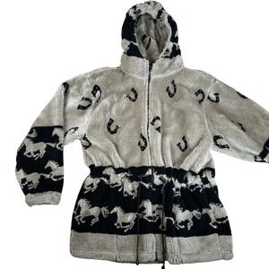 Vintage Horse Print Fleece Hooded Jacket Gray Black Full Zip Southwest Womens